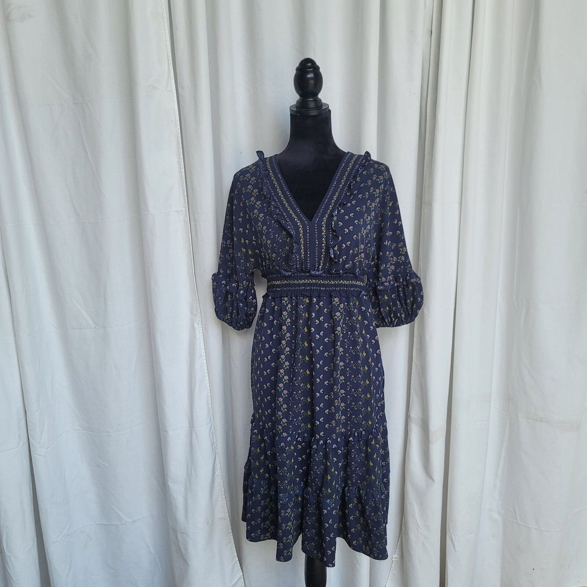 Max Studio V-Neck Empire Waist Dress 3/4 SleeveNavy Floral sz S | eBay