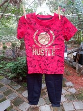 Boy's Sweatpants and Shirt Set 2 Pc. Size 3T Red and Black Graphic "Hustle" NWT