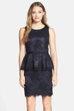 Eliza J. Dress Womens Size 12 Blue Lace Peplum Sleeveless Sheath Eyelash Trim
