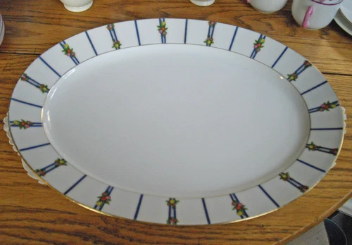 Vintage Limoges Martin France HUGE Platter Blue Stripe Flowers ~ 14" x 18 1/2 " 