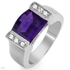925 Sterling Silver Square Faceted Amethyst Ring with Topaz Accents