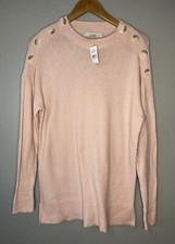 Loft Pale Pink Waffle Knit Sweater Shoulder Buttons Medium New With Tags