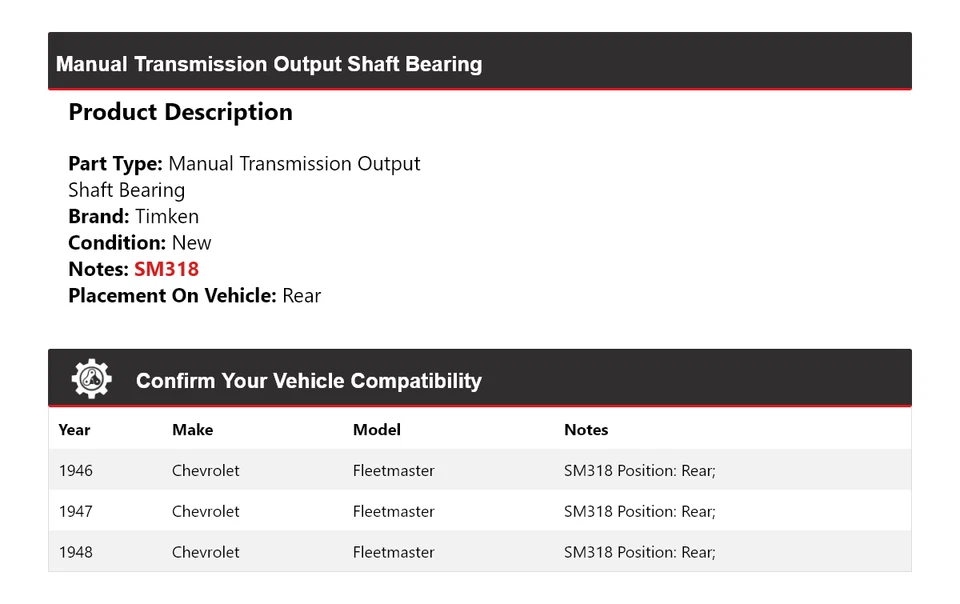 Para 1946-48 Chevrolet Fleetmaster Manual Trans Saída Eixo Rolamento Traseiro Timken - Imagem 2 de 4