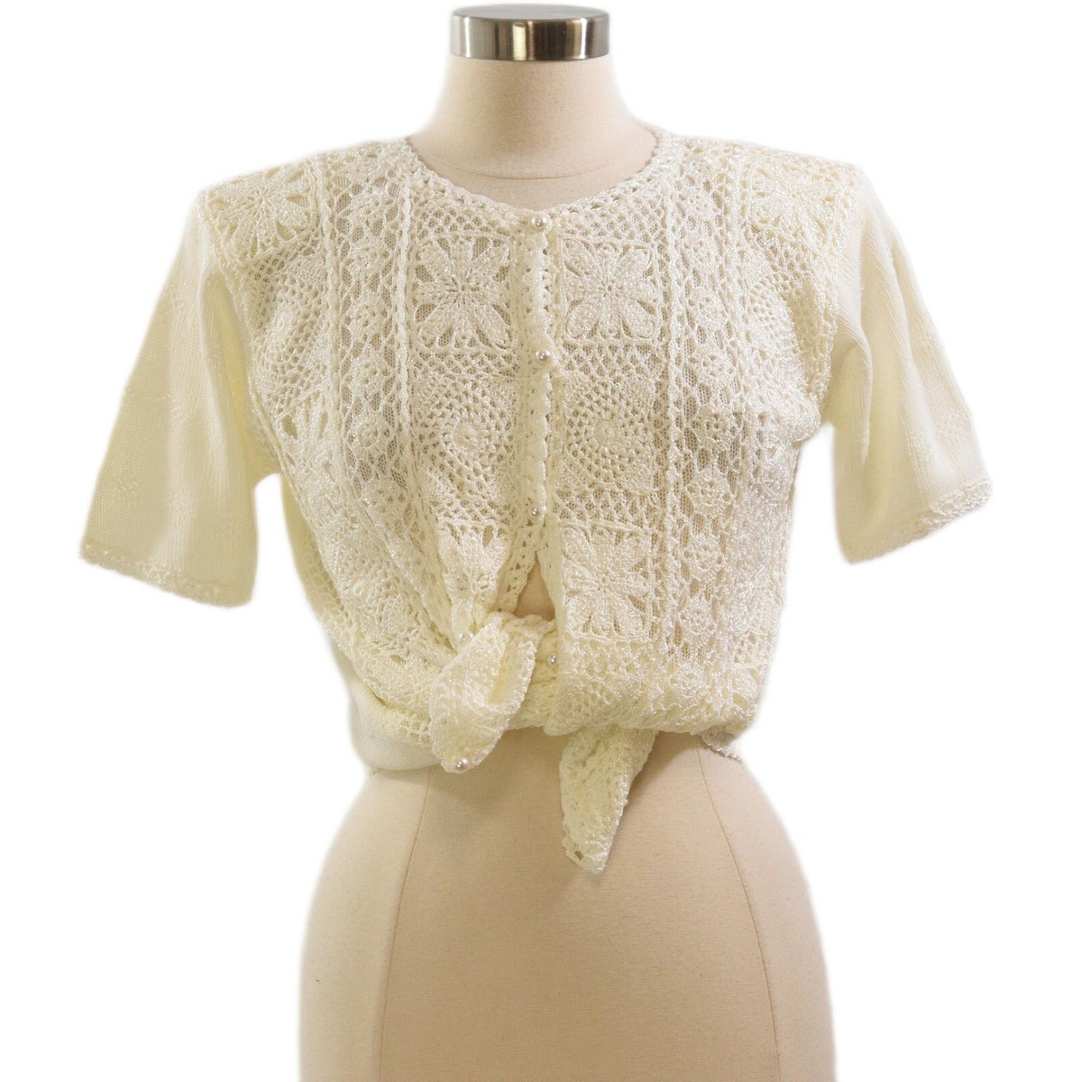 90s Vintage Jaclyn Smith Ivory Crochet Lace Knit Top Short Sleeve