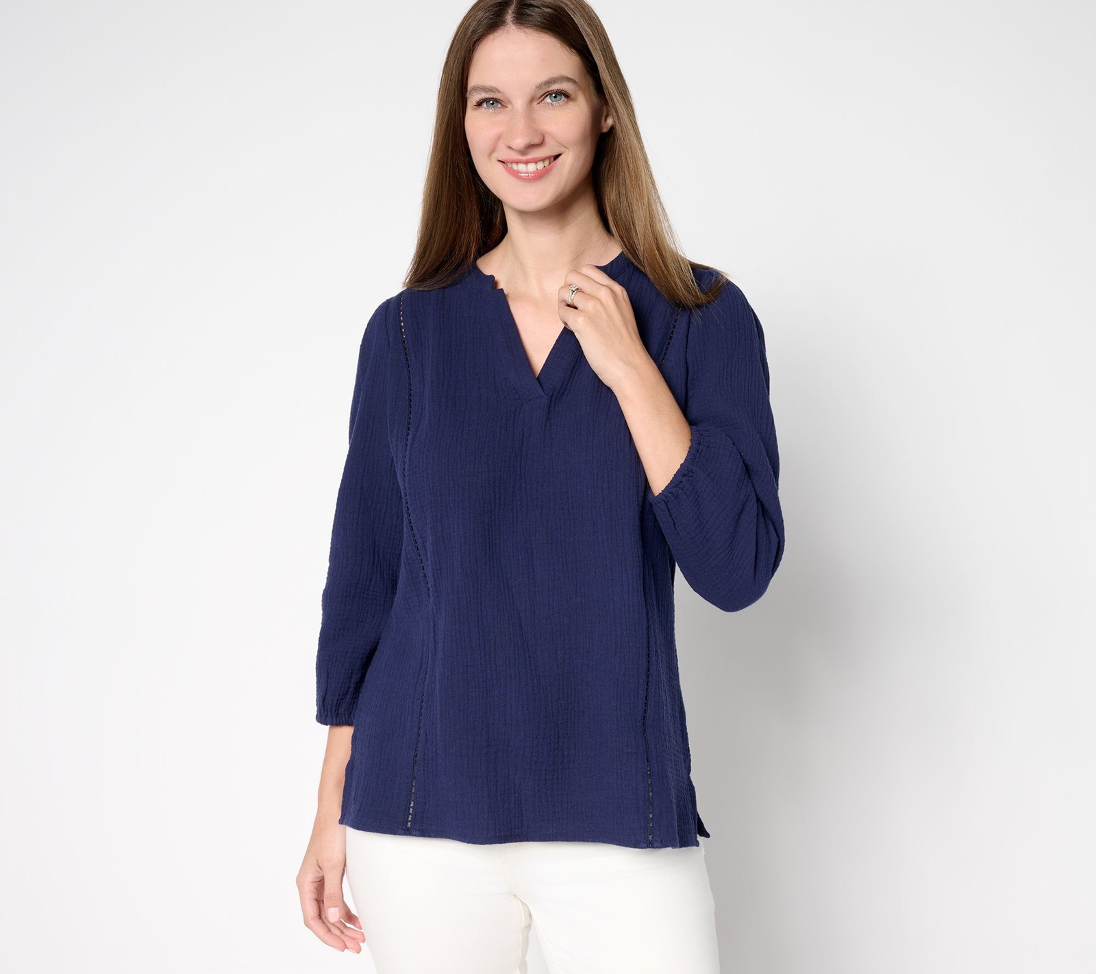 Belle by Kim Gravel Women's Top Sz S 100% Cotton Gauze Ladder Lace Blue A691516