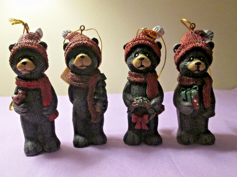 Lot Of 4 Oriental Trading Co. Blk Bear Cub Red Hats Scarves Christmas Ornaments