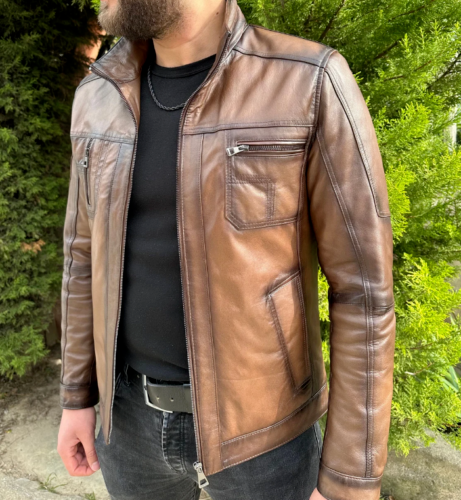 Men's Lamb Leather Bomber Jacket Winter Coat-image