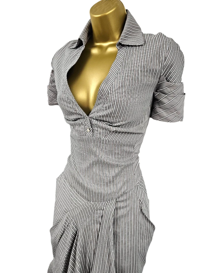Karen MIllen 16 UK Vintage Grey Cotton Pinstripe Drape Pleat Safari Shirt Dress - Image 2 of 4