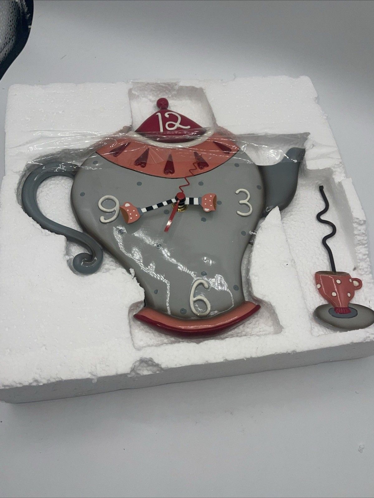 Allen Designs Tea Kettle Clock w Mug Pendulum Floral Polyresin 10”H Battery