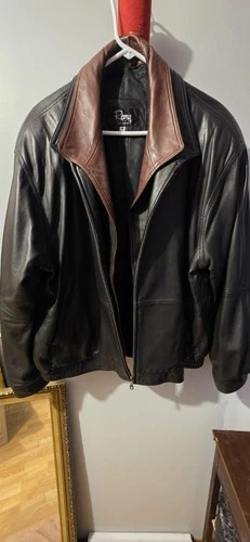 “Men’s Remy Leather Bomber Jacket Double Collar Brown Size 46  Vintage Style” image 3