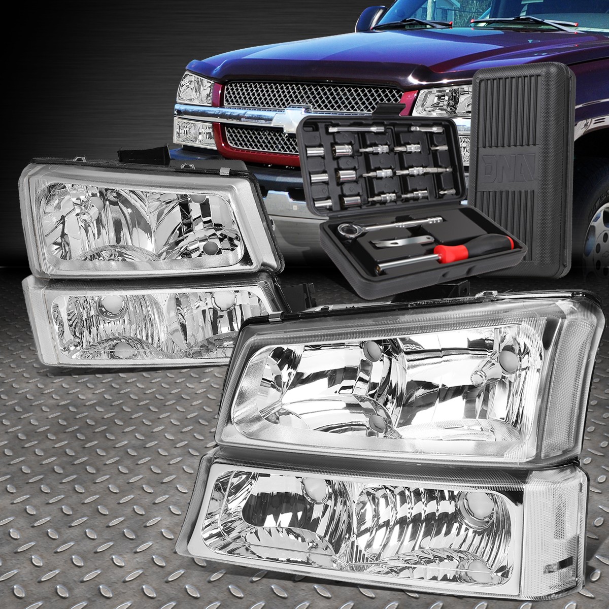 Silverado 1500 4-Piece Headlights with Amber Corner Lights; Chrome