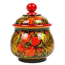 Khokhloma Wooden Sugar Bowl 3.8"x6.3" Russian Hohloma Jar Хохлома