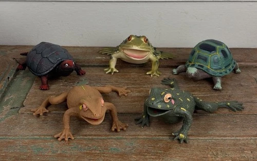 Lot 5 Frog Turtle Life-Like Realistic Plastic Rubber Stretchable Figure Toy