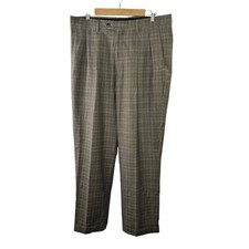 Paul Frederick Beige Brown Plaid 100 Wool Cuffed Pleated Pants Size 36