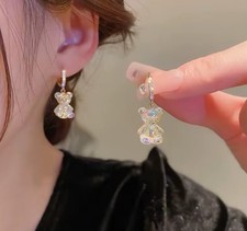 Iridescent Crystal Teddy Bear Dangle Earrings Shiny Zircon Golden Copper Drop