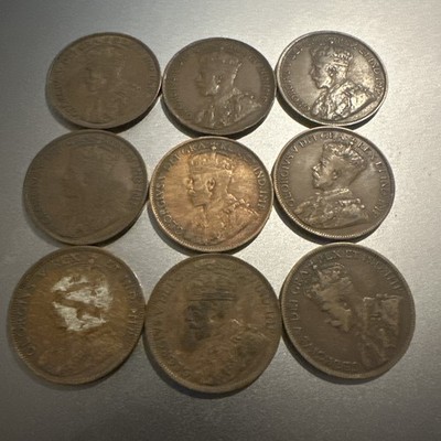 Lot of 9 Canada Large Cents George V & Edward VII Pennies 1911-1919 Canadian