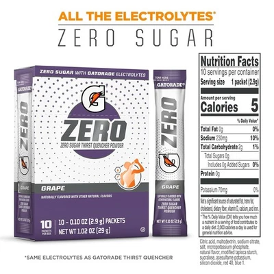 Gatorade G Zero Sugar Powder Packets, Grape, 12 Boxes x 10 Pkts
