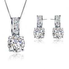 Sterling Silver Bridal Jewelry Set CZ Crystal Necklace Earrings Gift 3Pcs-925