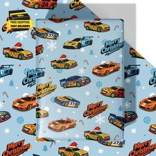 Christmas Race Car Wrapping Paper - 4 Jumbo Sheets, 28 * 40 Inches - Blue Xmas G