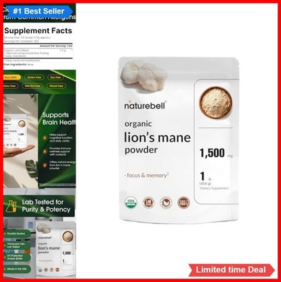 Organic Lion's Mane Mushroom Powder 1500mg Fruiting Body Mycelium Brain Focus