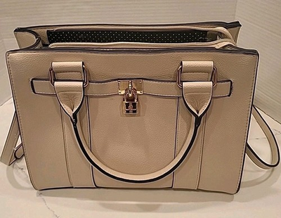 #ad Tan Hawthorn Handbag With Lock Details. Shoulder Strap With Gold Accents $19.99