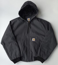 Carhartt Grey Active Jacket Mens Large Hooded Workwear Duck Canvas Quilted Lined