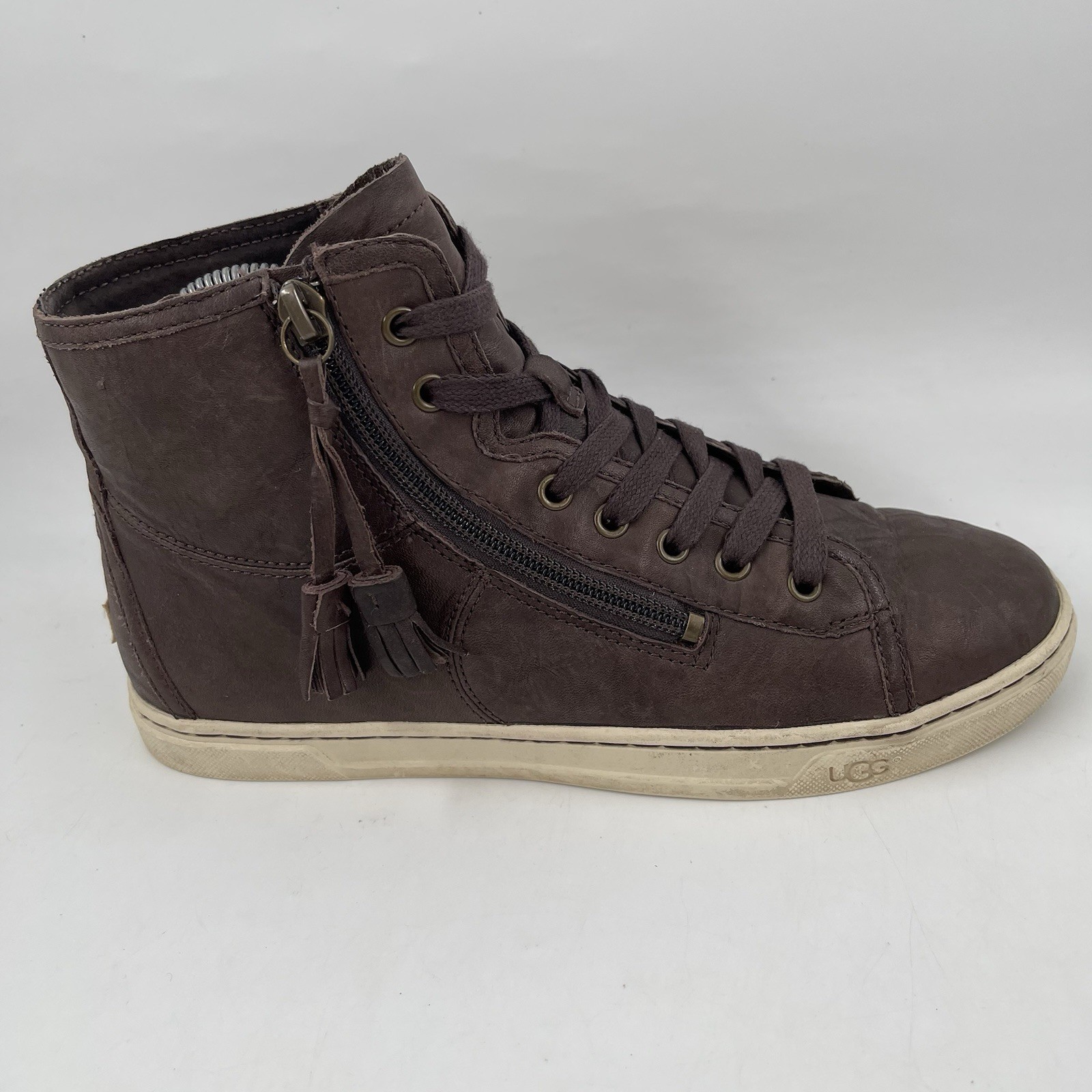 Ugg Brown Leather Blaney-SZ 7.5-Distressed Lateral Zip Hi Top Boot Sneaker Shoes