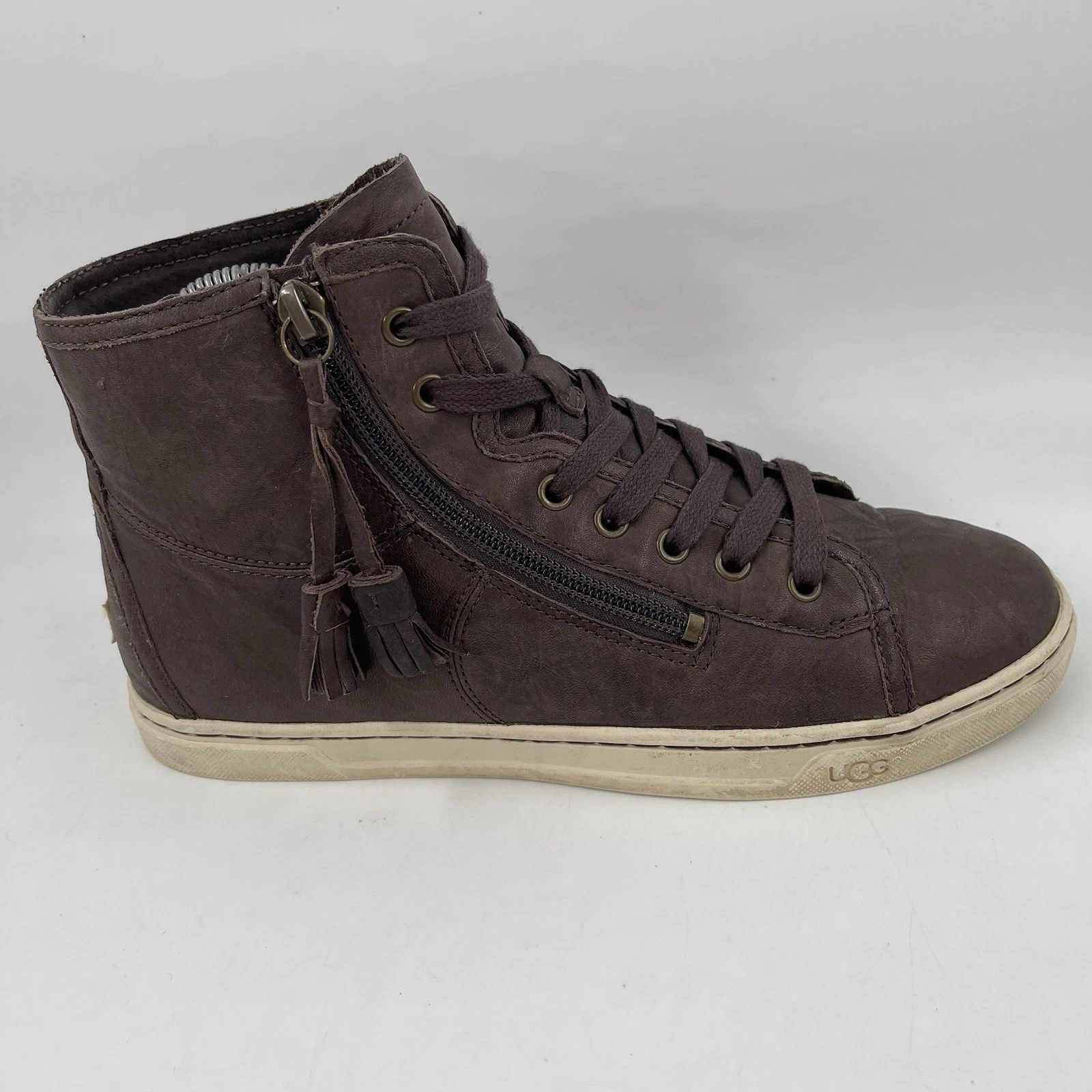 Scarpe da ginnastica Ugg in pelle marrone Blaney TG. 7 5 Distressed zip laterale stivali alti