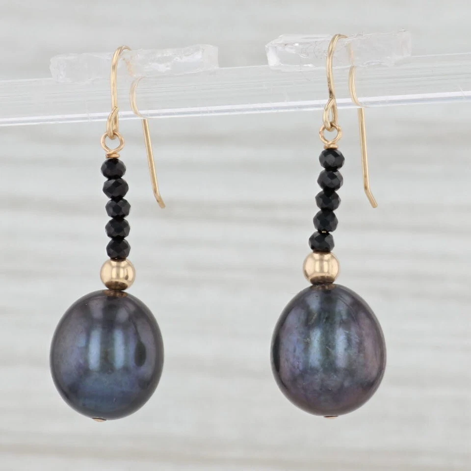 Cultured Black Pearl Cubic Zirconia Earrings 14k Yellow Gold Hook Posts Dangles - Image 2 of 4