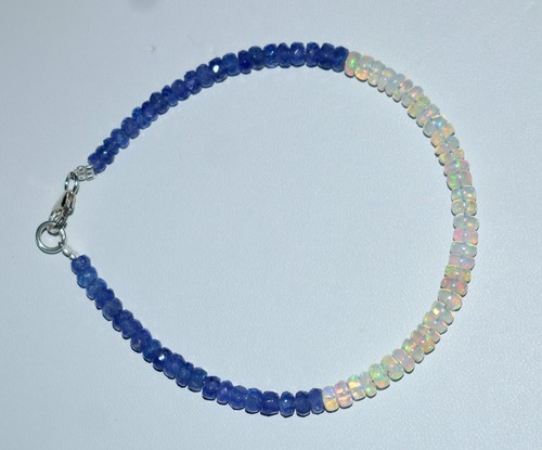 925Sterling Plata Natural Azul Tanzanita & Etíope Ópalo 7" Cuentas Pulsera 2219 - Imagen 2 de 5