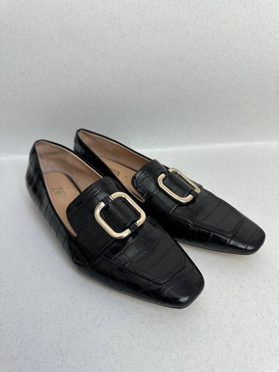 ZARA Womens Shoes Black Croc Embossed Semi Pointed Toe Flats