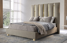 LETTO MATRIMONIALE BOX CONTENITORE PROFILI IN ACCIAIO ARG./ORO TESSUTO/ECOPELLE*