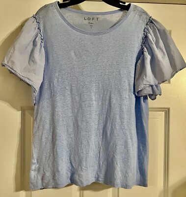 LOFT Bohemian Linen Blouse With Cotton Sleeves Size L Pullover Light Blue
