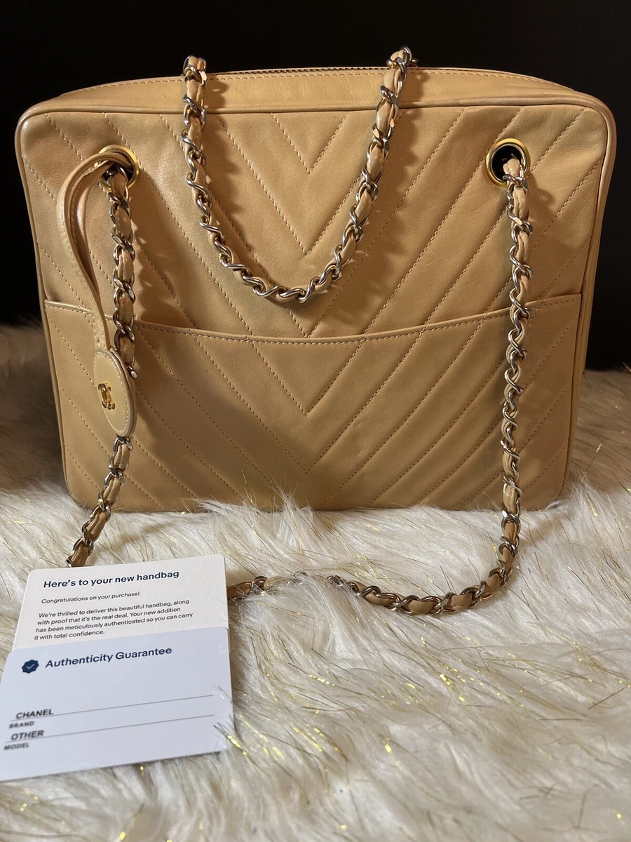 CHANEL Beige V Stitch CC logo lambskin shoulder bag with Card authenticity