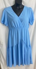 women's pretty blue tiered dress size X large puff sleeve ruffle V neck NO BELT