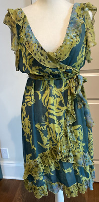 Hale Bob Small Green Wrap Dress 100% Silk Sleeveless Ruffle Elastic Tie Waist