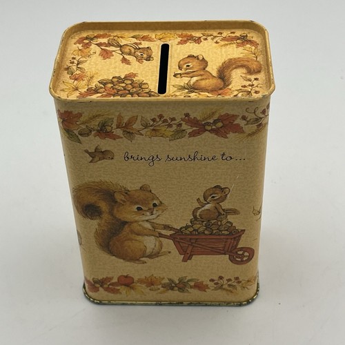 Vintage Tin Litho Fall Harvest Kitschy Animal Hallmark Coin Bank W/ Stopper - Picture 3 of 11