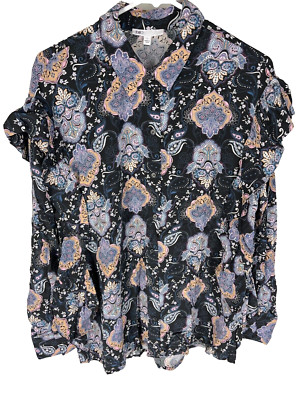 DANIEL RAINN DR2 Stitch Fix Shirt Size L Boho Ruffle Detail Blue Long Sleeve NEW