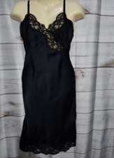 VTG Wonder Maid 32 Black Satin Full Slip Dress Lace Trim Nylon 2431 Non Cling