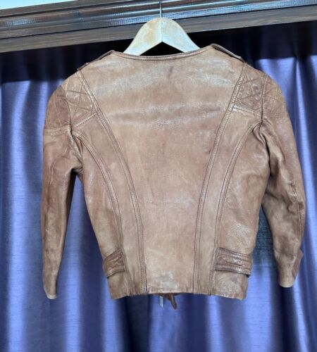 Karen Millen Brown Leather Cropped Biker Style Jacket Size 6 Used - Picture 6 of 8