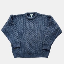 Vintage LL Bean Irish Wool Sweater Cable Knit Womens XL Navy Blue Flecked Fall