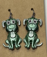 Adorable Sage Green Enamel Hound Dog Earrings 2 Hook Dangle
