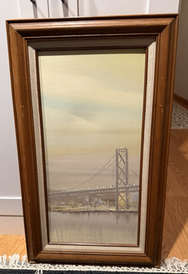 Vintage Bay Bridge Framed Painting 17x29.5 San Francisco Oakland Wall Art