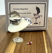 PHB Porcelain Hinged Trinket Box Women’s Hat On Stand With Hair Pin