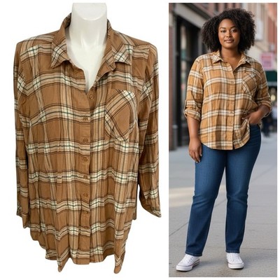 Torrid Top Womens Sz 3 Button Up Shirt Brown Plaid Cabincore Work Office Cozy