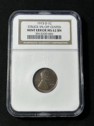 1915-D  Wheat Cent NGC MS62BN Mint Error Struck 5% Off Center! Read Description!