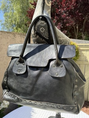 Handmade Avant Garde Riri Hardware Black Leather Studded Goth Top Flat Handbag
