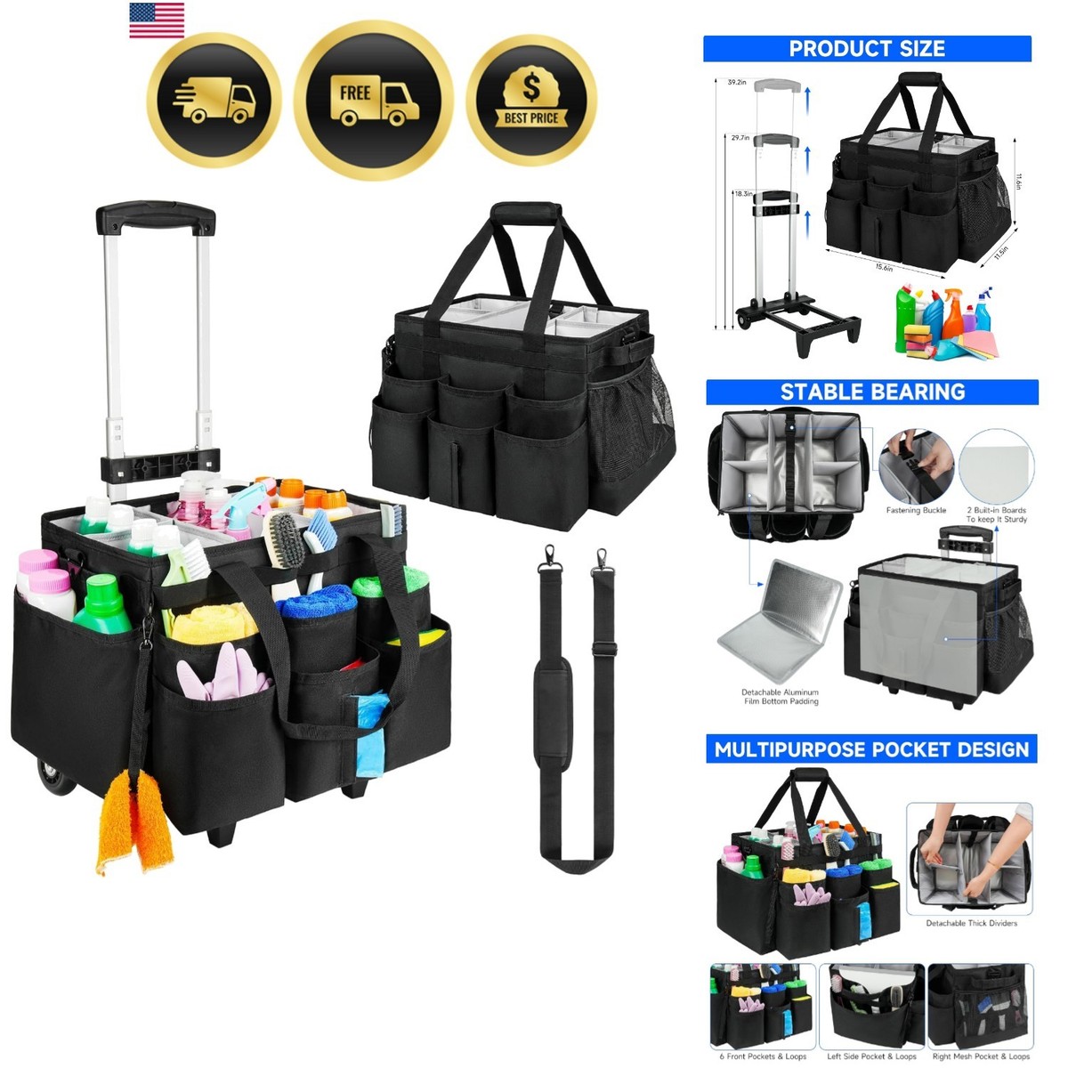 Large Rolling Cleaning Caddy Bag with Detachable Trolley,Cleaning