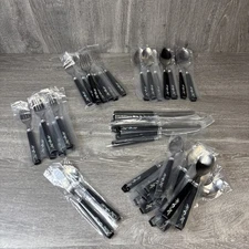 Vintage Black Plastic Floral Painted Handle 45 Piece Service 7 Taiwan MCM Rare