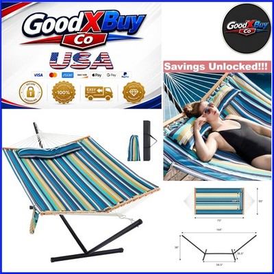 Two Person Outdoor Hammock with Stand Heavy Duty 480lbs Blue Stripes